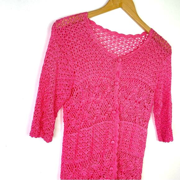 Knit Pink Cardigan Crochet Short Sleeve - Picture 4 of 8